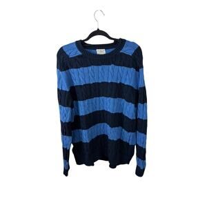 LL Bean Navy Blue Stripe Cable Knit Fisherman Cotton Sweater Nautical